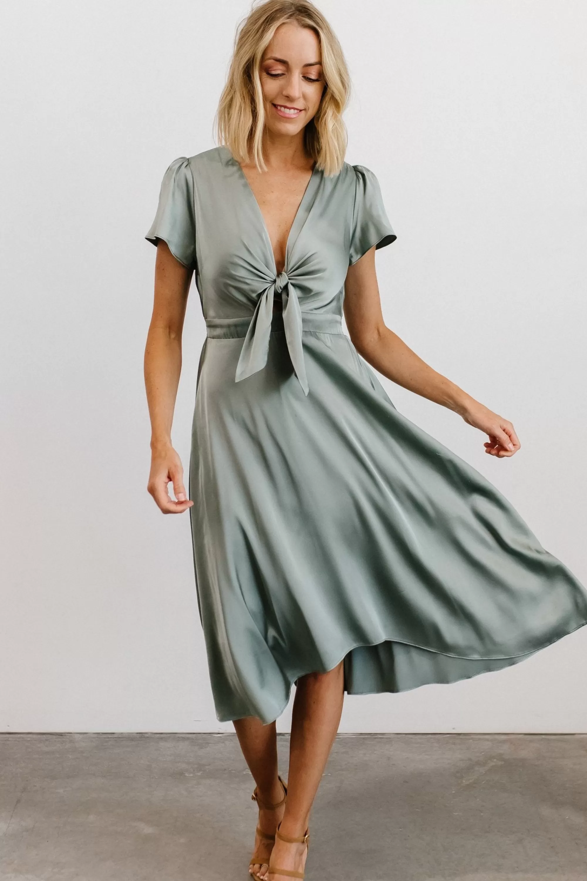 Baltic Born SALE | Poppy Satin Midi Dress | Eucalyptus