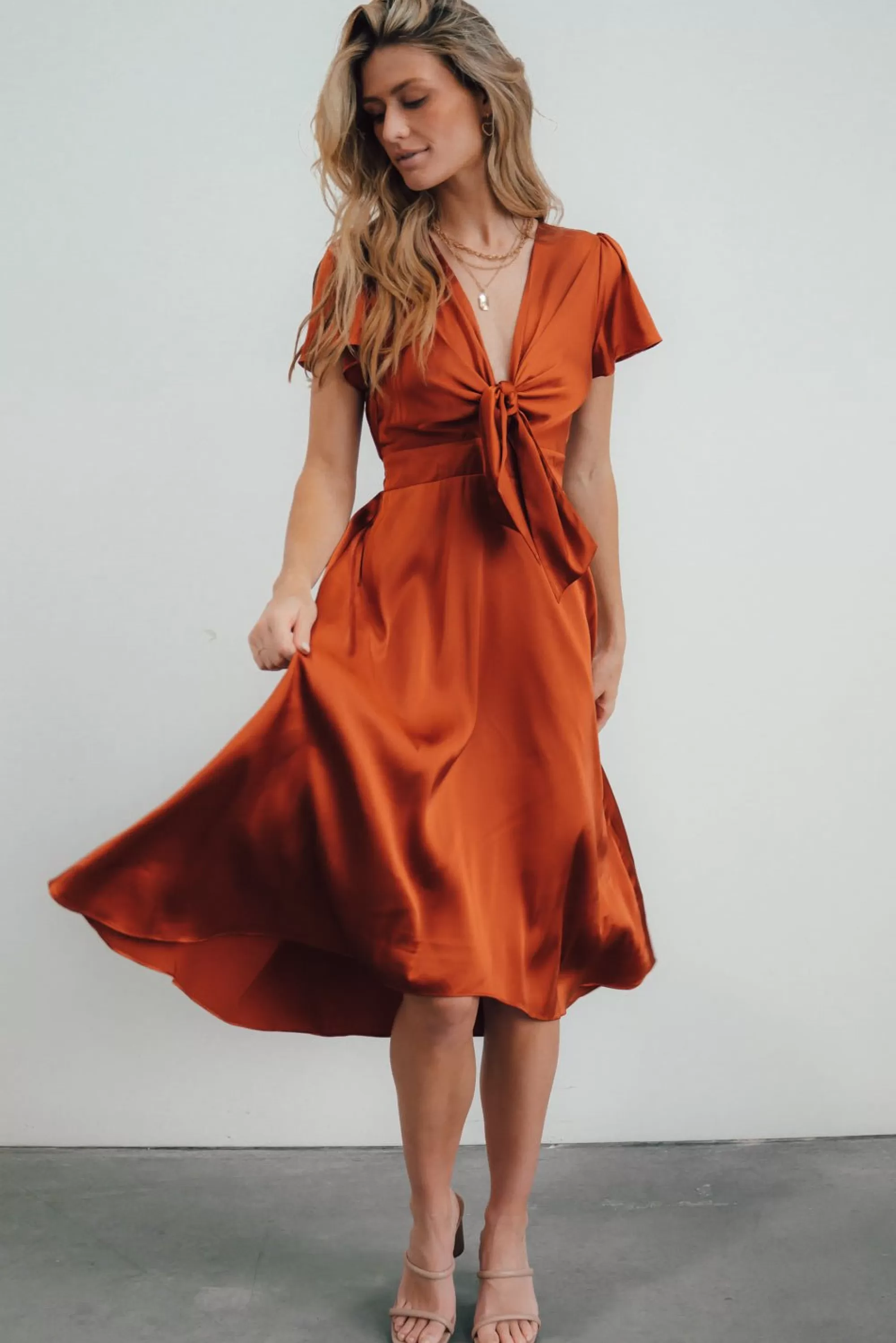 Baltic Born SALE | Poppy Satin Midi Dress | Rust