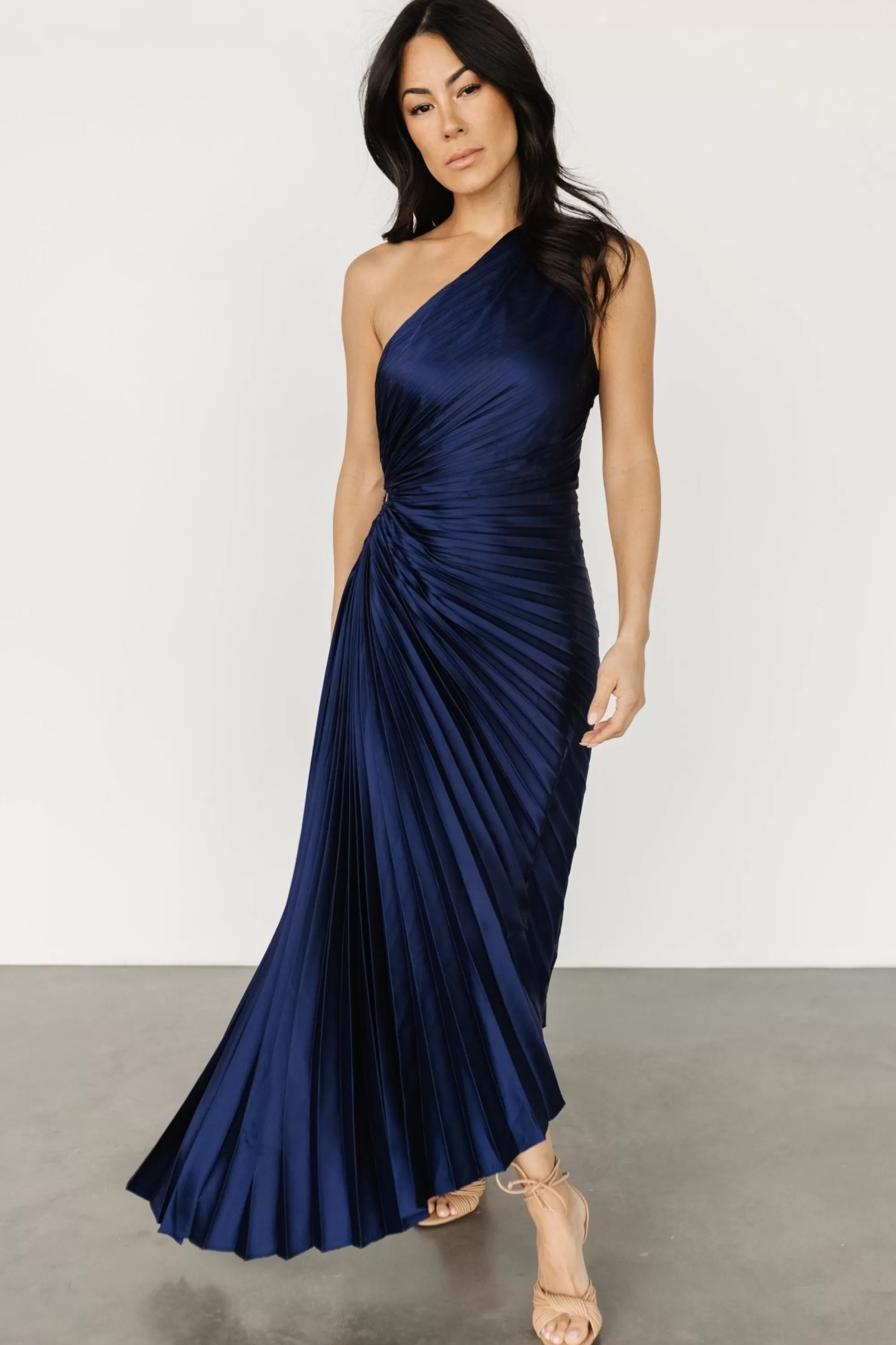 Baltic Born maxi dresses | midi dresses | Presley One Shoulder Pleated Dress | Midnight Blue