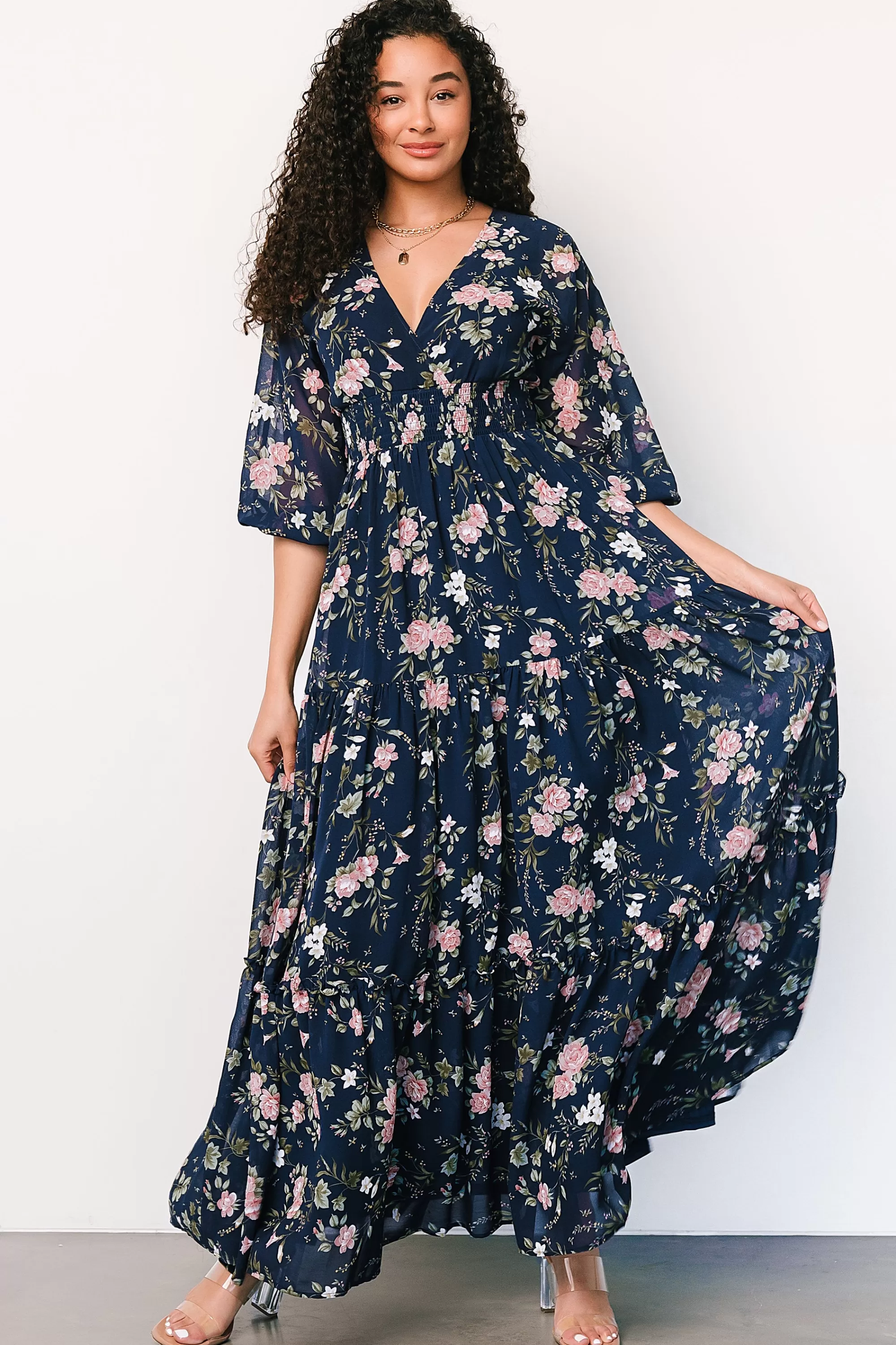 Baltic Born maxi dresses | bump friendly | Sawyer Tiered Maxi Dress | Navy + Pink