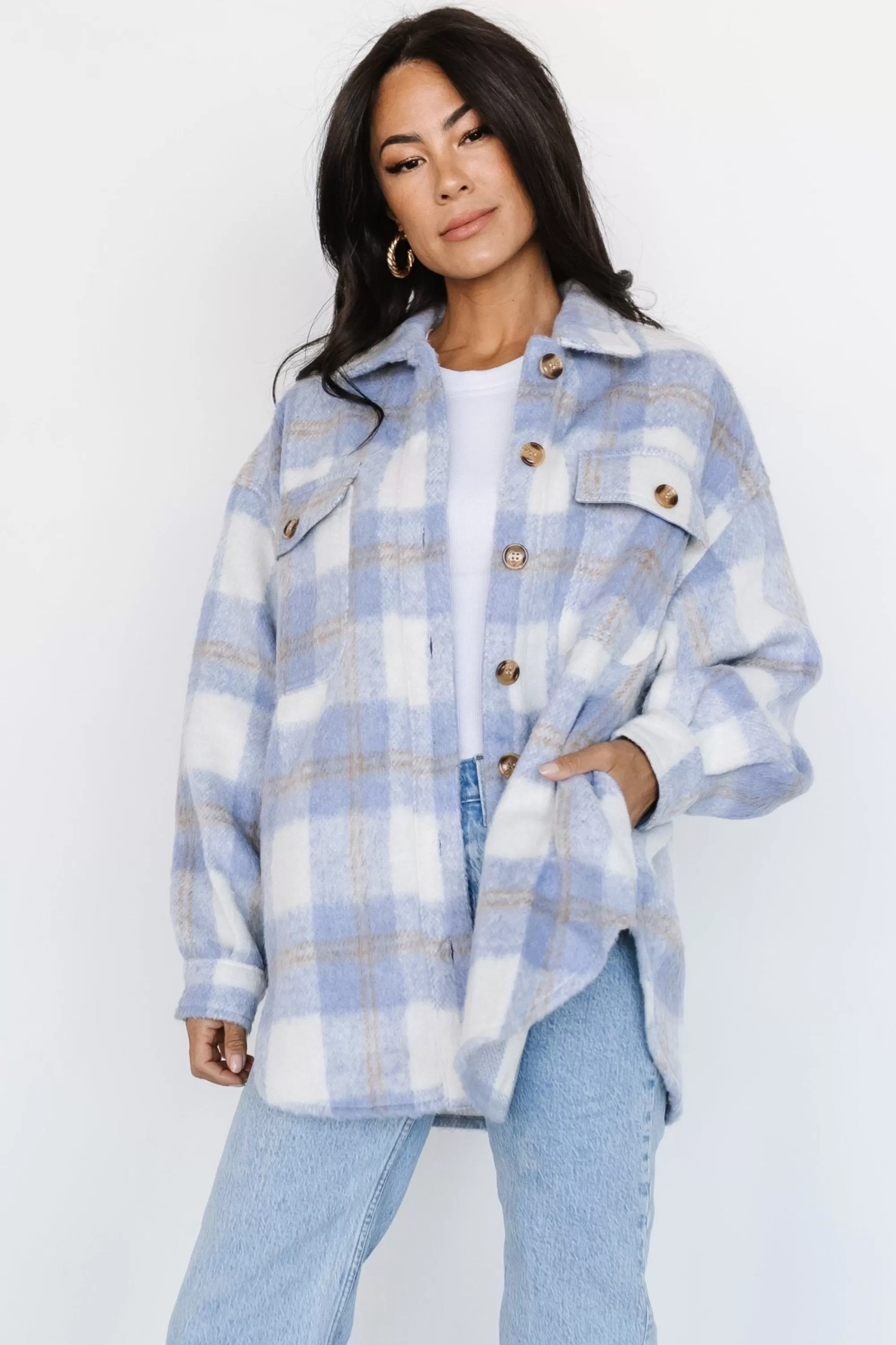 Baltic Born outerwear | Sharon Plaid Shacket | Blue + Off White