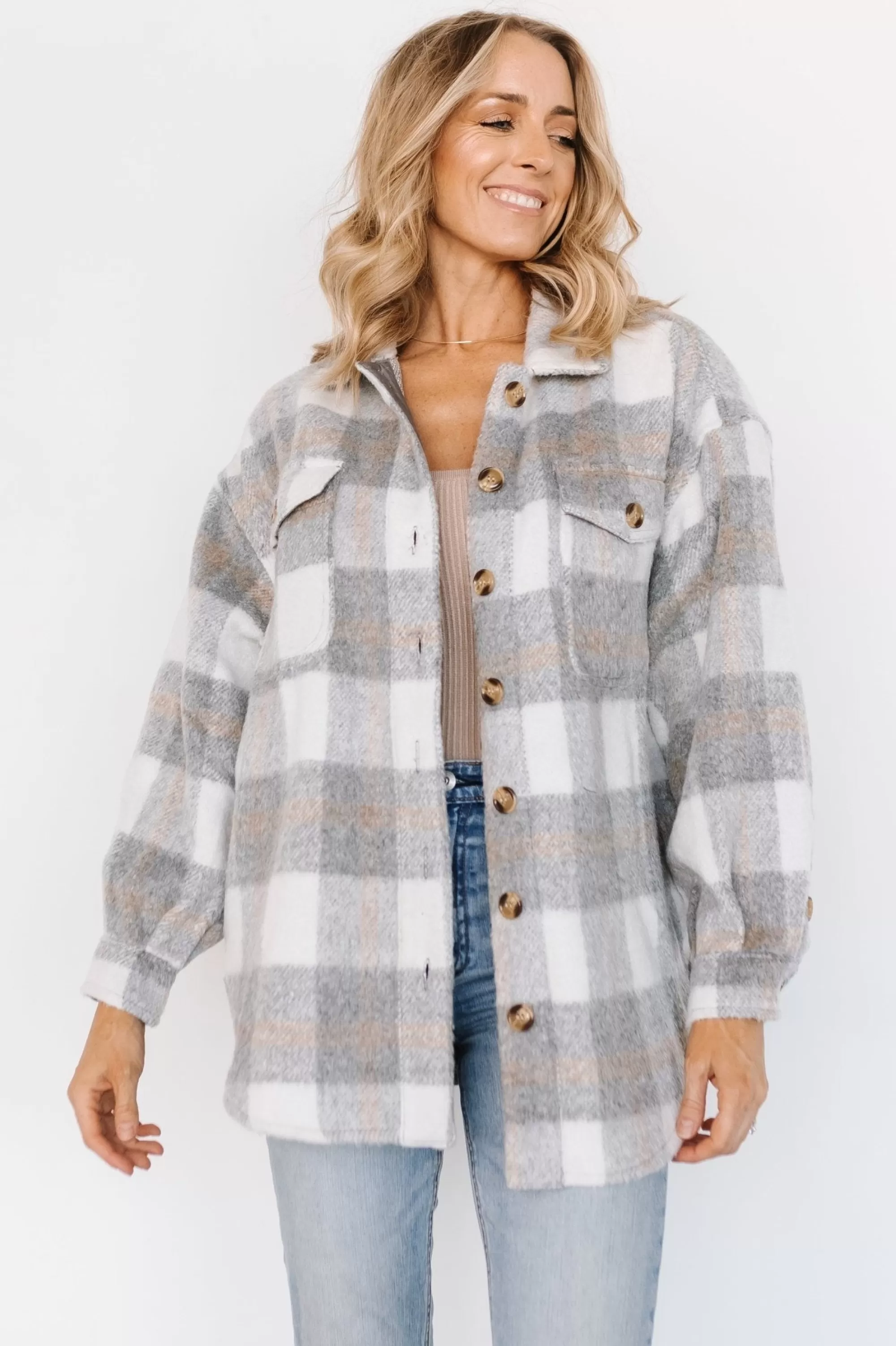 Baltic Born outerwear | Sharon Plaid Shacket | Gray + White