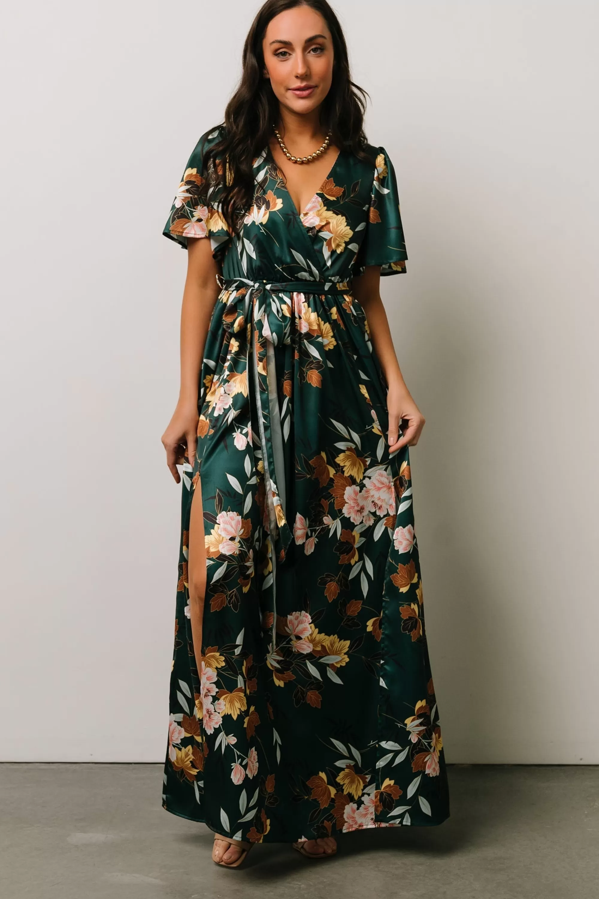 Baltic Born WEDDING SUITE | wedding guest | Sicily Satin Maxi Dress | Dark Green Floral