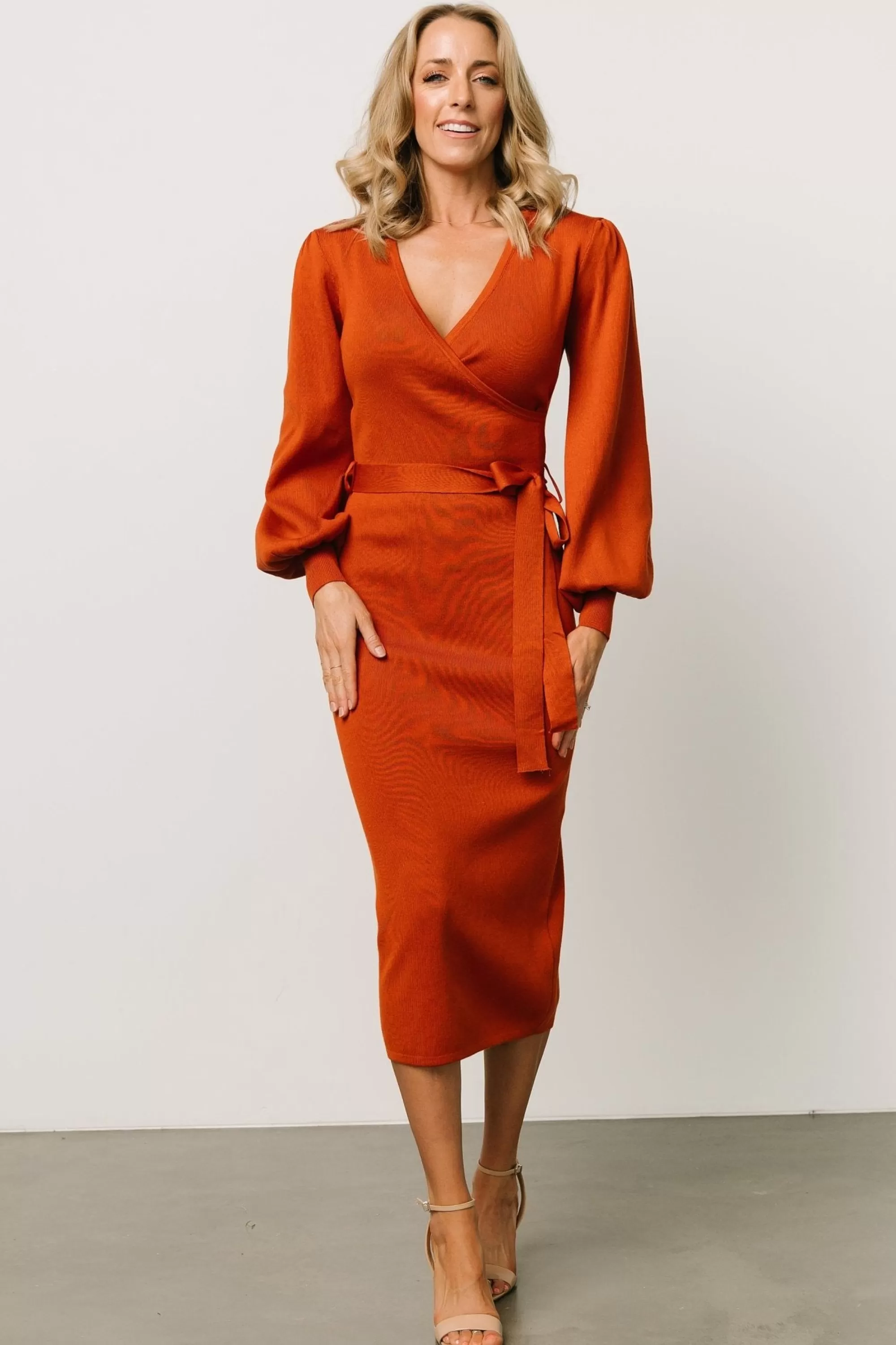 Baltic Born midi dresses | TOPS | Soho Bubble Sleeve Sweater Dress | Rust