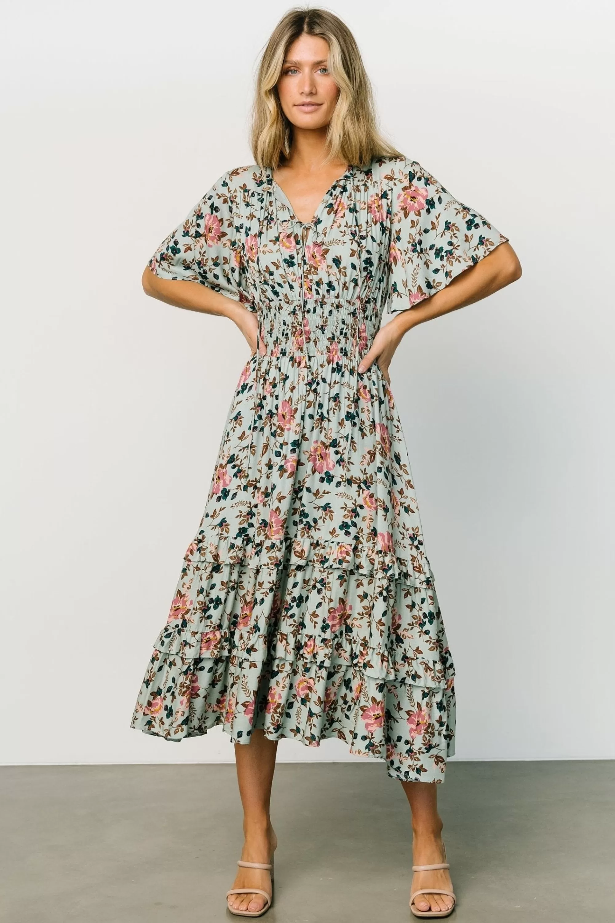 Baltic Born midi dresses | bump friendly | Spell Boho Midi Dress | Sage + Pink Floral