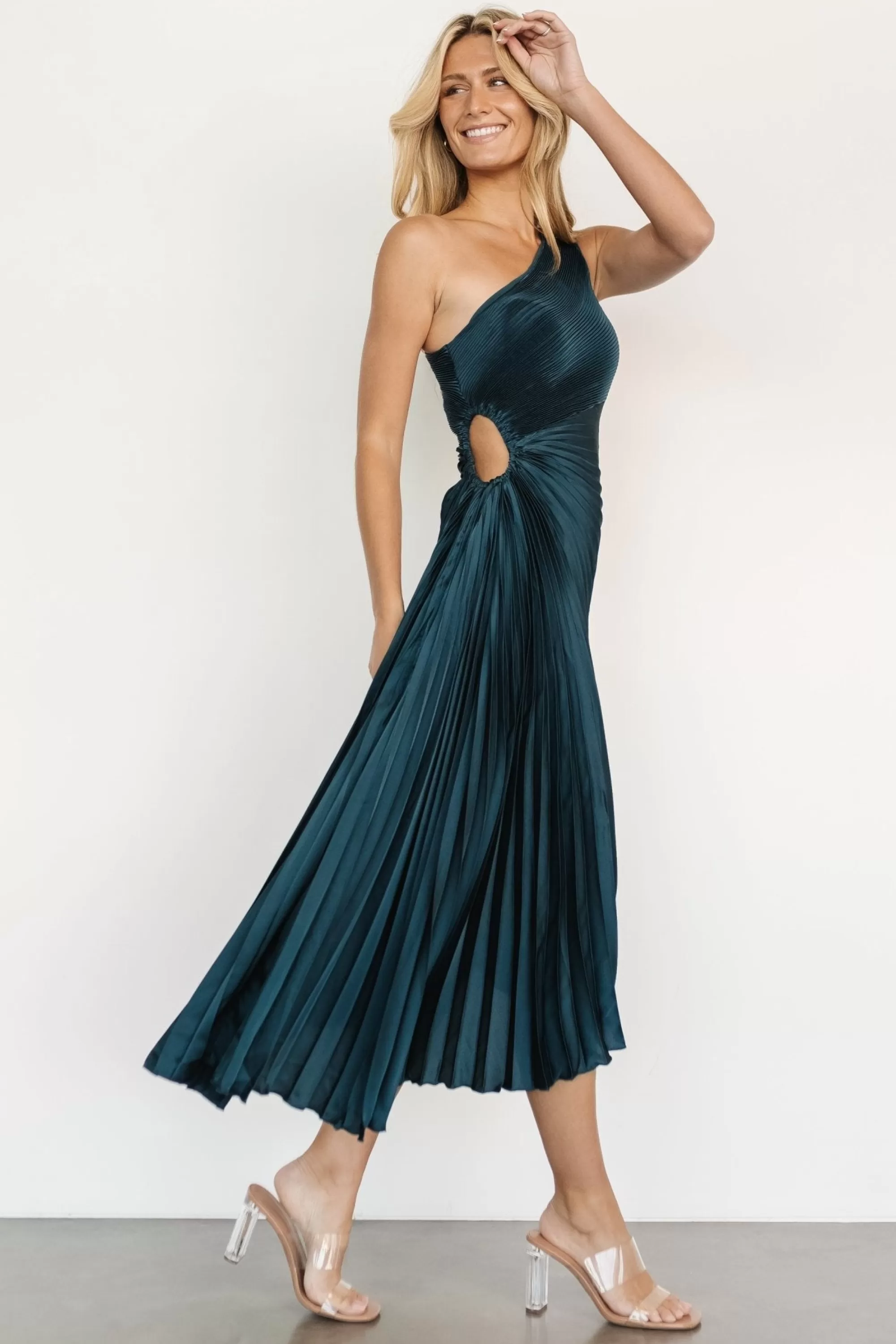 Baltic Born midi dresses | Tasia One Shoulder Pleated Dress | Deep Jade