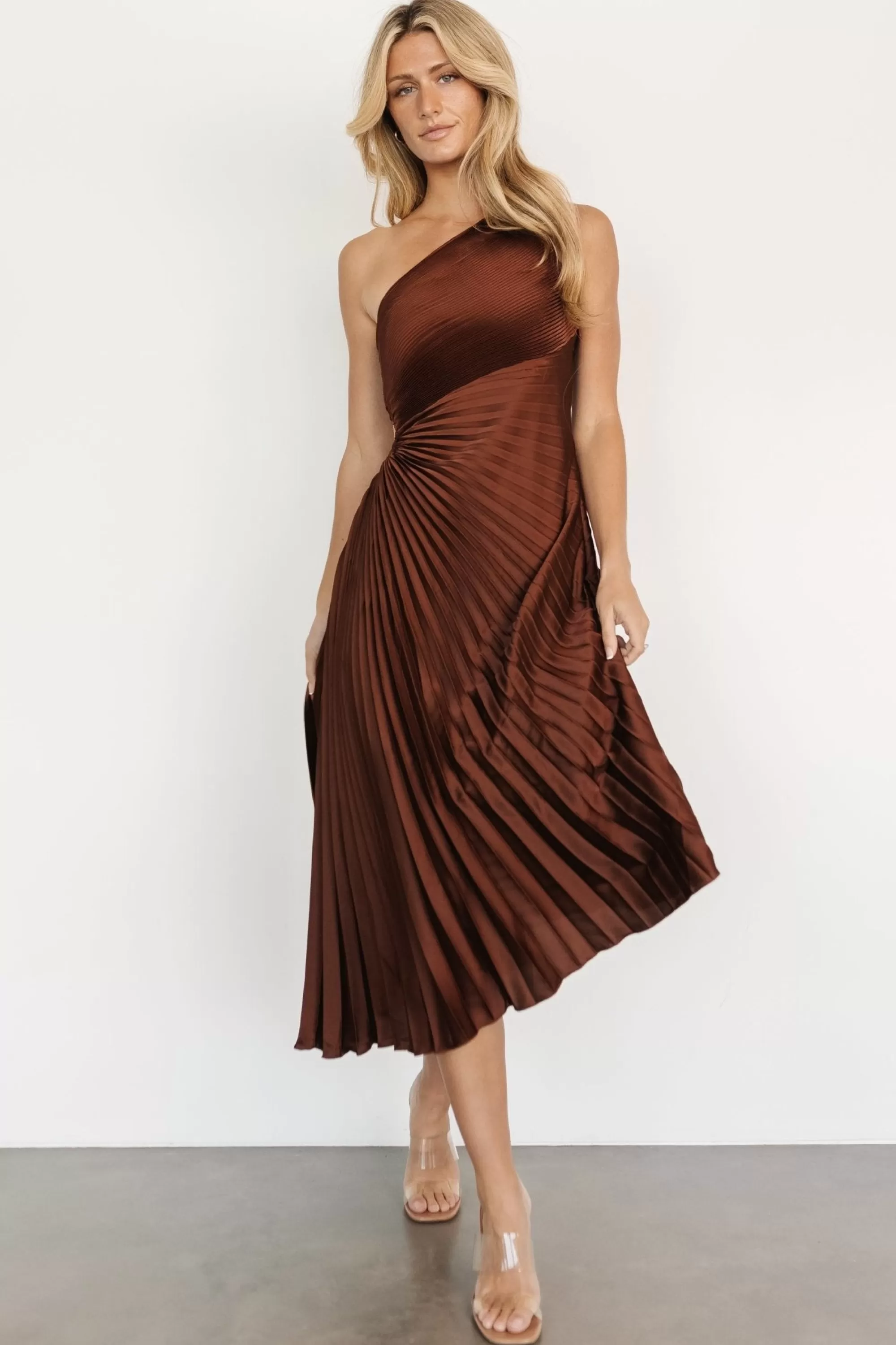 Baltic Born midi dresses | Tasia One Shoulder Pleated Dress | Mahogany