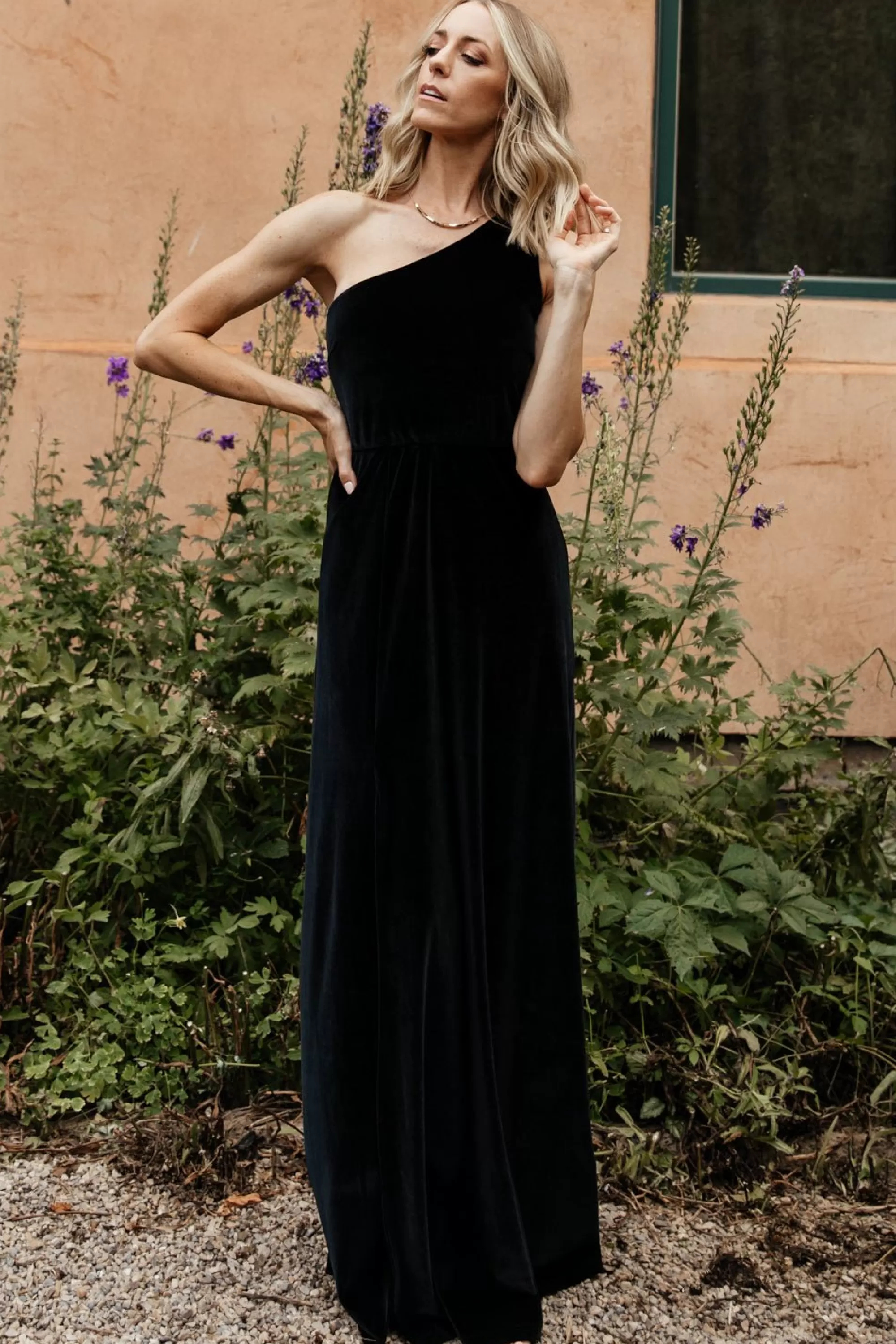 Baltic Born WEDDING SUITE | wedding guest | Tatiana Velvet One Shoulder Maxi Dress | Black