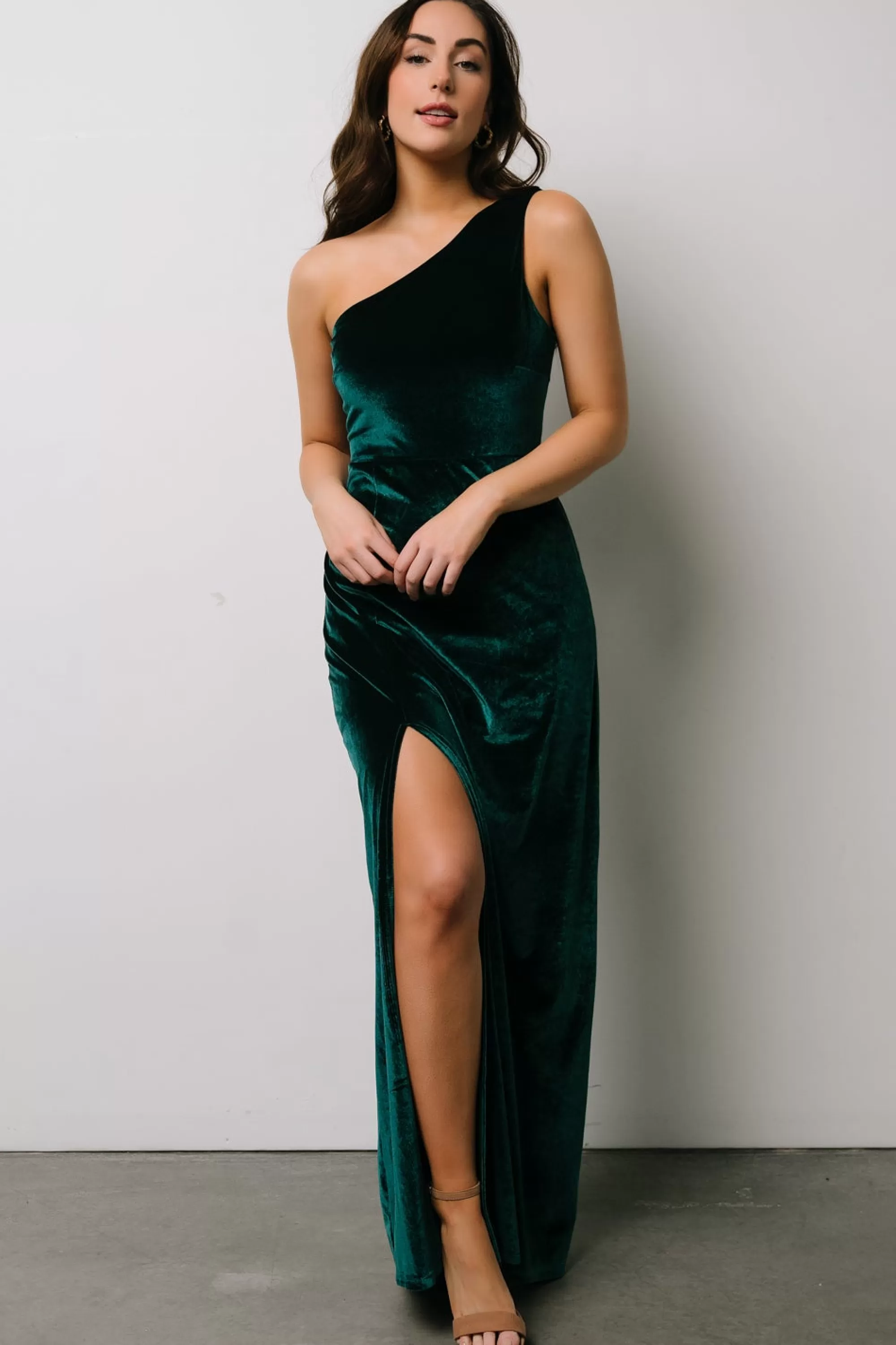 Baltic Born WEDDING SUITE | wedding guest | Tatiana Velvet One Shoulder Maxi Dress | Emerald