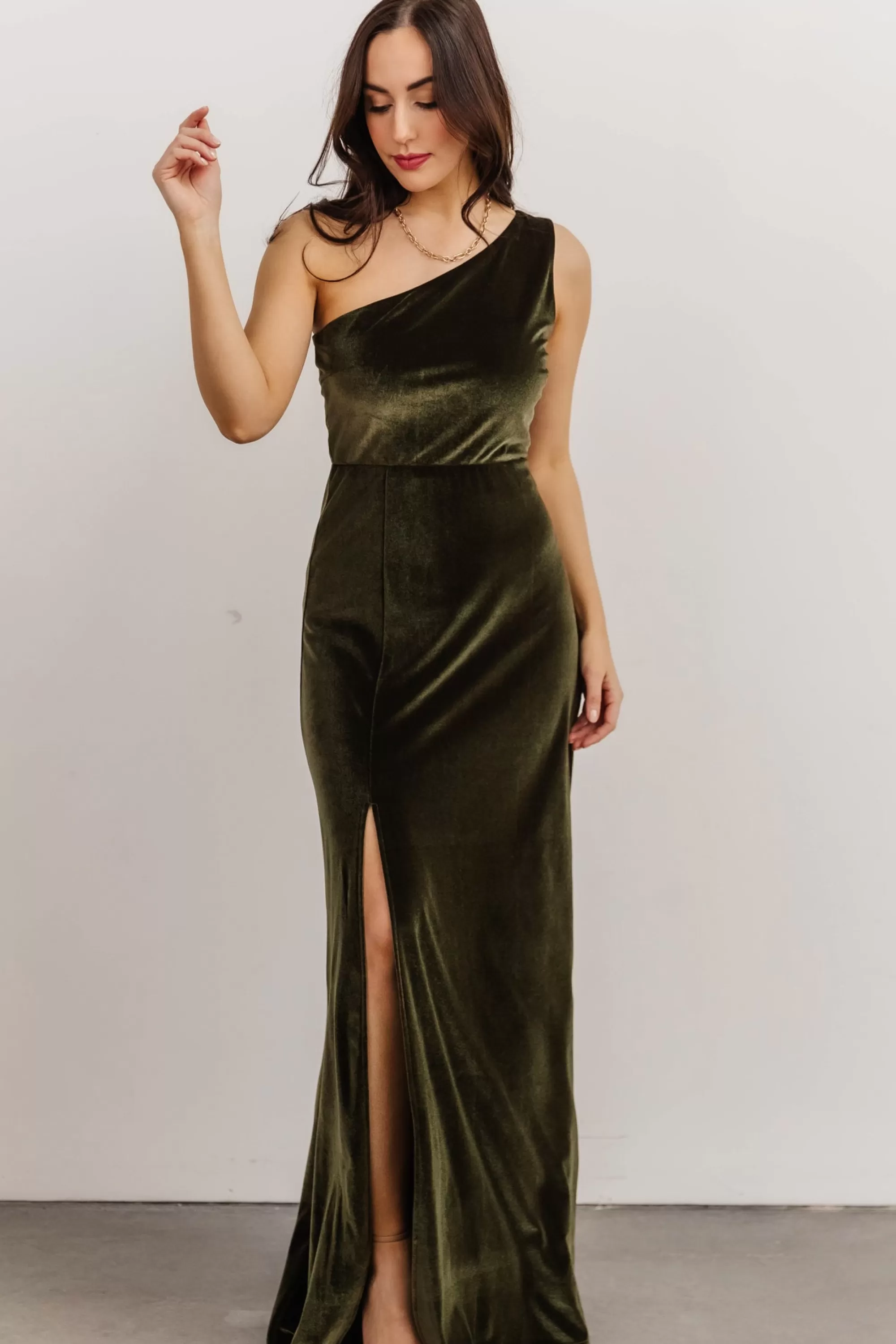 Baltic Born WEDDING SUITE | wedding guest | Tatiana Velvet One Shoulder Maxi Dress | Olive