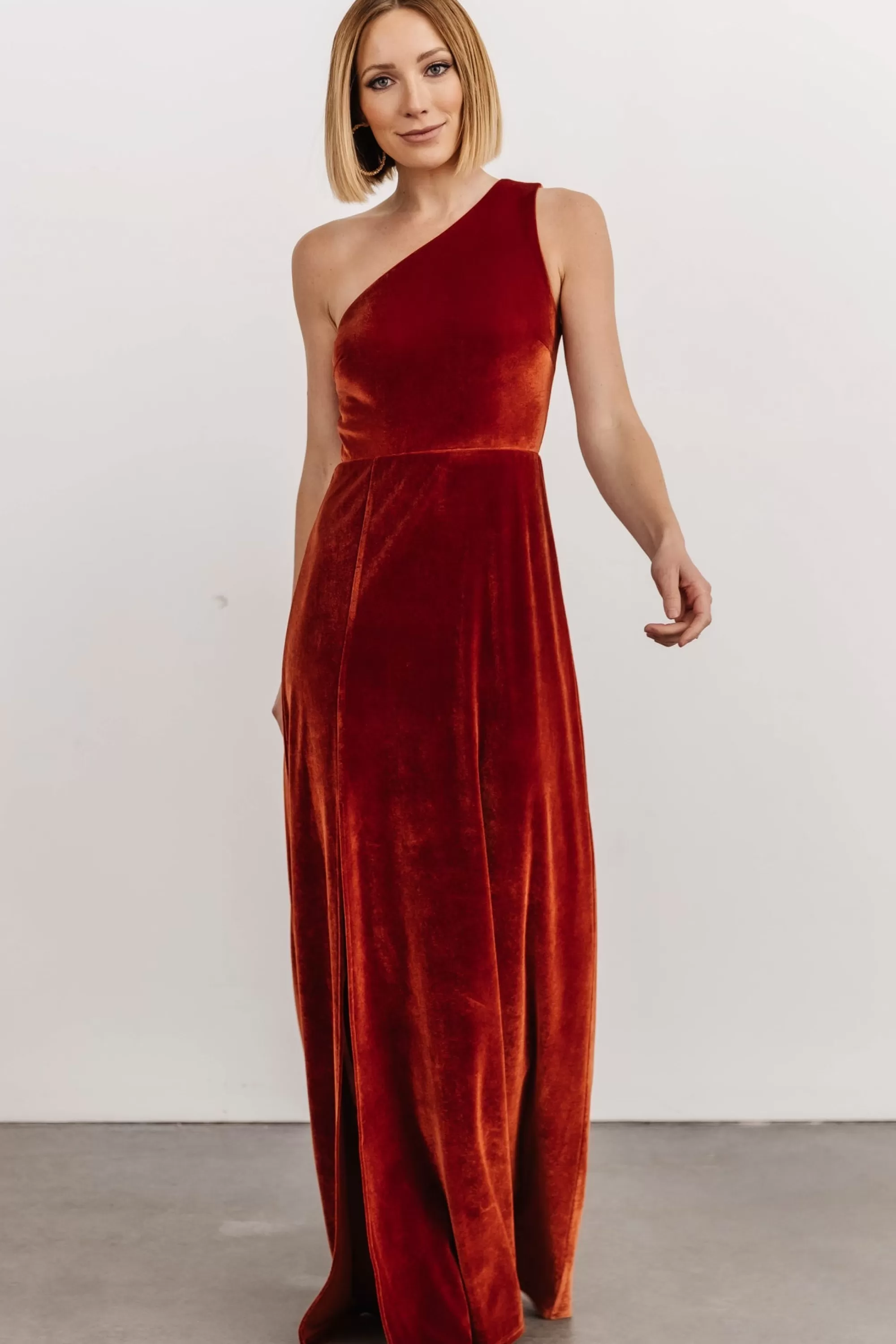 Baltic Born WEDDING SUITE | wedding guest | Tatiana Velvet One Shoulder Maxi Dress | Rust