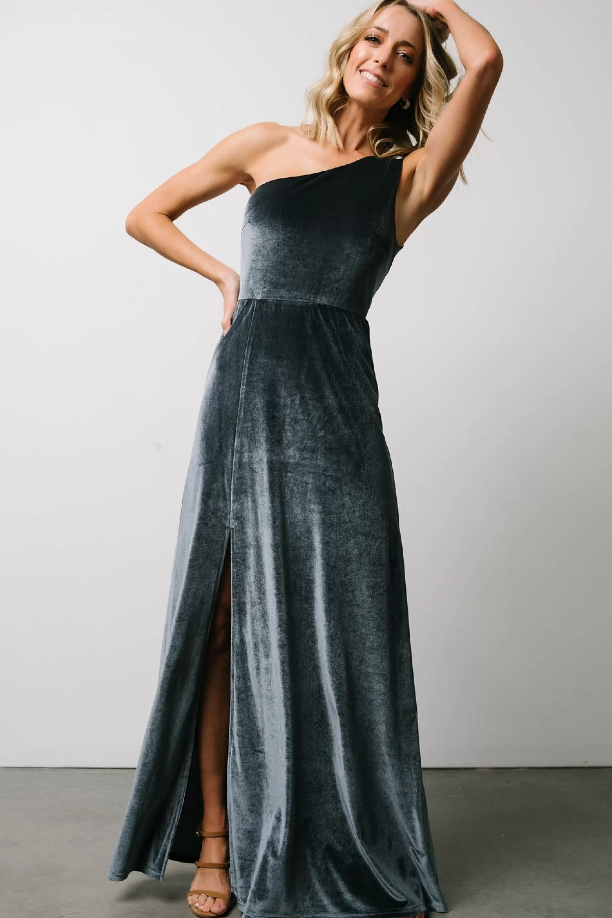 Baltic Born WEDDING SUITE | wedding guest | Tatiana Velvet One Shoulder Maxi Dress | Slate Blue