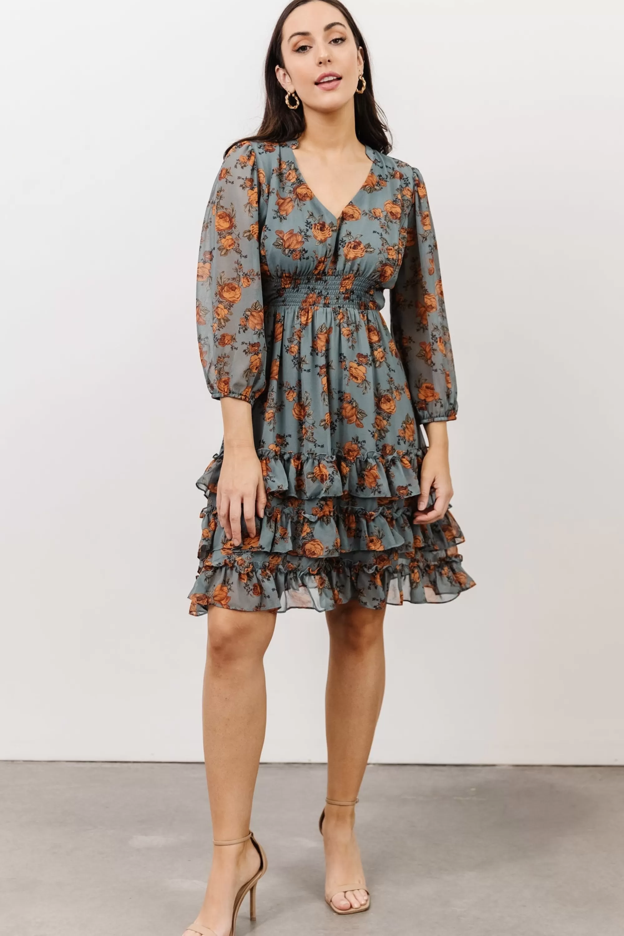 Baltic Born short dresses | Tylene Ruffle Mini Dress | Dusty Blue Floral