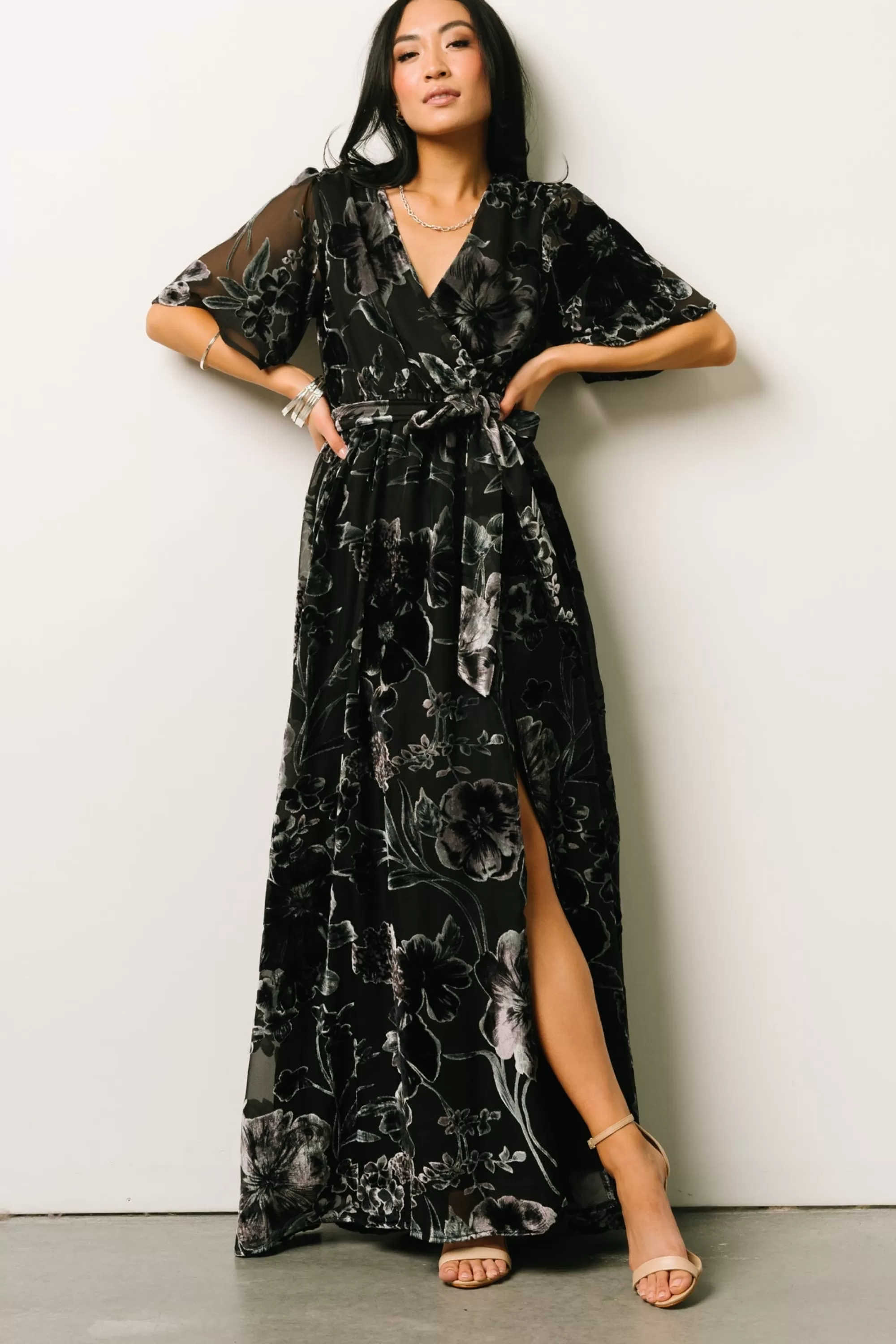 Baltic Born maxi dresses | WEDDING SUITE | Uma Velvet Maxi Dress | Black + Silver Floral