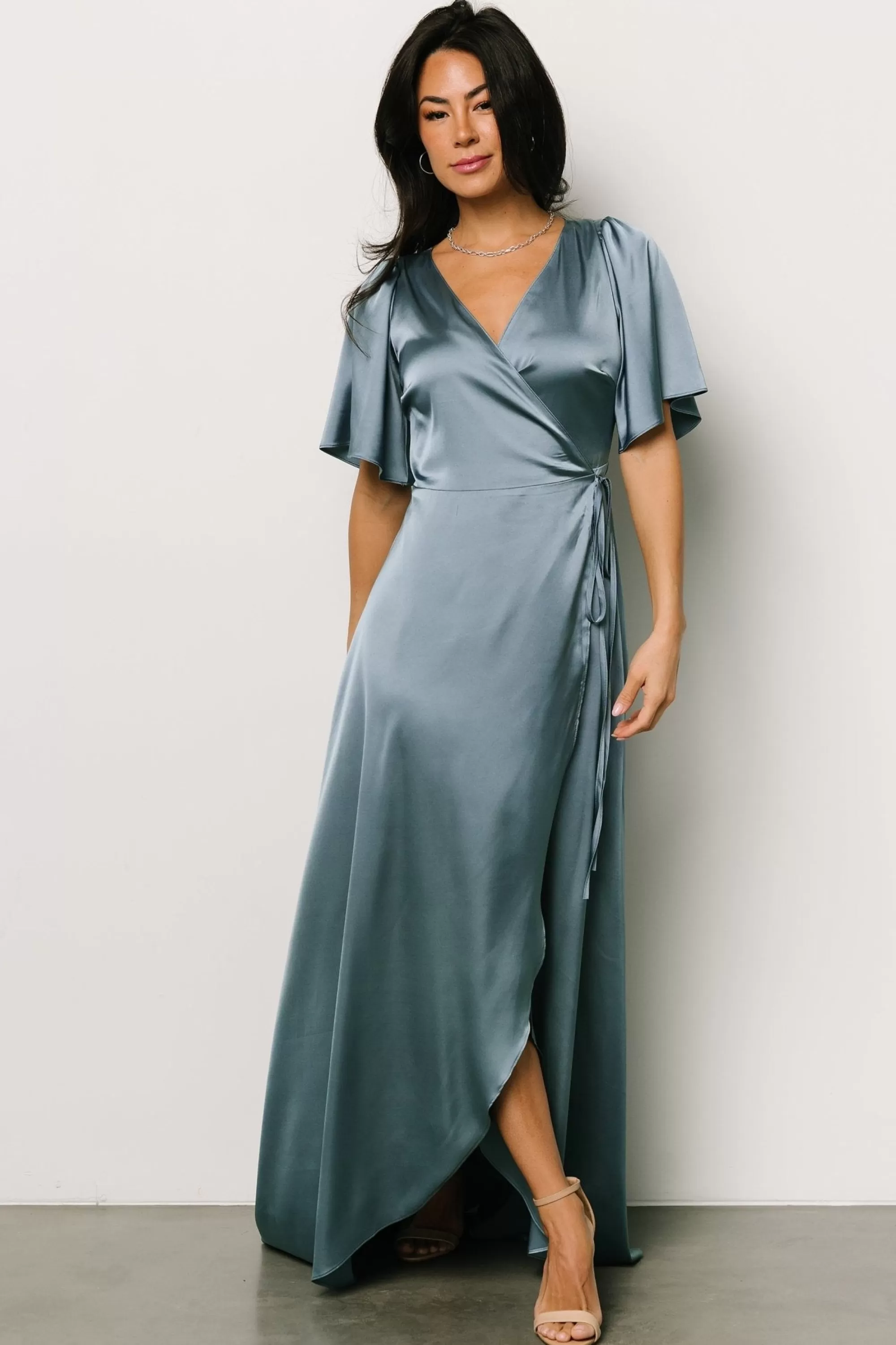 Baltic Born maxi dresses | WEDDING SUITE | Vara Satin Maxi Wrap Dress | Dusty Blue