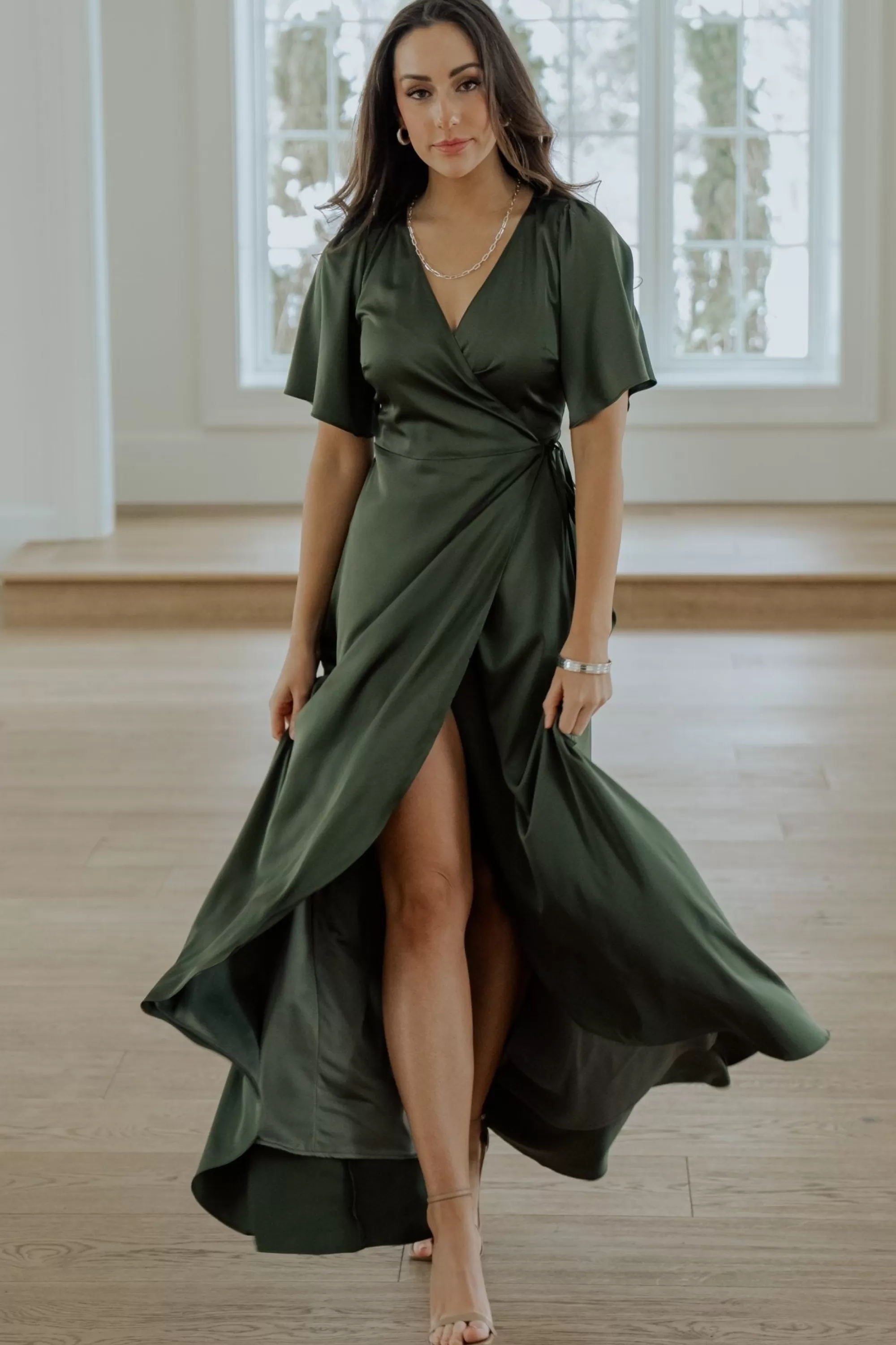 Baltic Born maxi dresses | WEDDING SUITE | Vara Satin Maxi Wrap Dress | Juniper Green