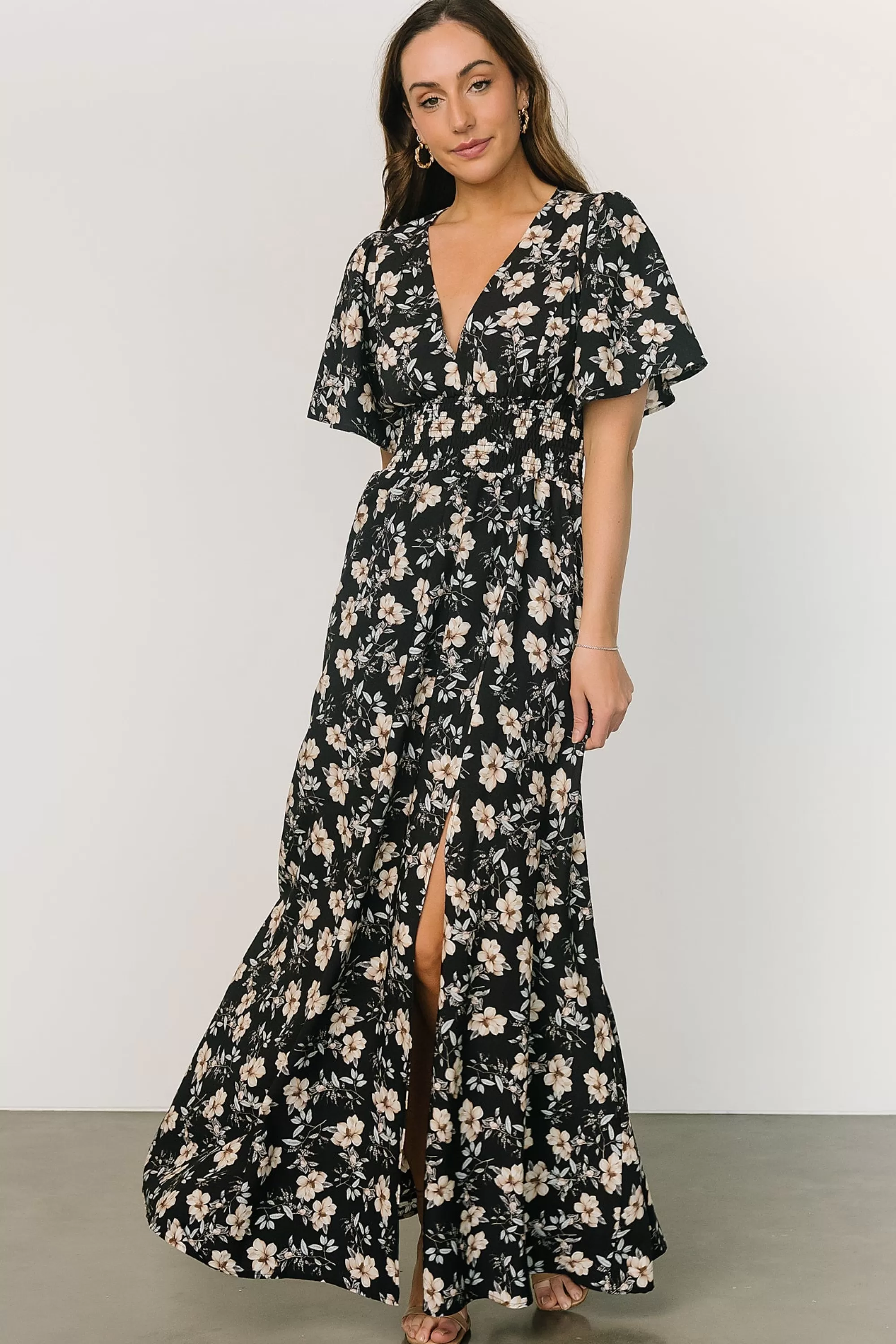 Baltic Born WINTER ESSENTIALS | Verona Smocked Maxi Dress | Black Floral