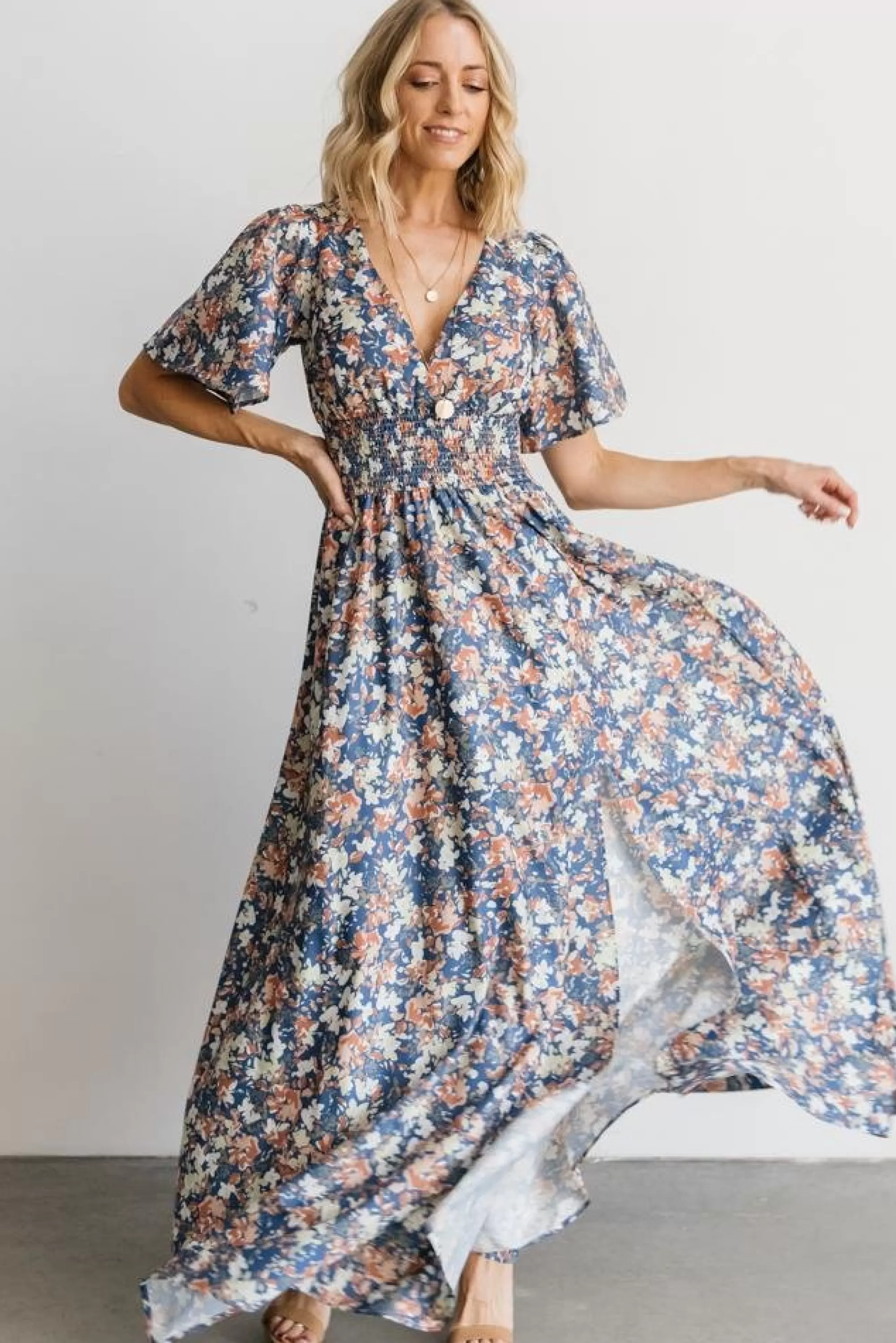 Baltic Born WINTER ESSENTIALS | Verona Smocked Maxi Dress | Blue Floral