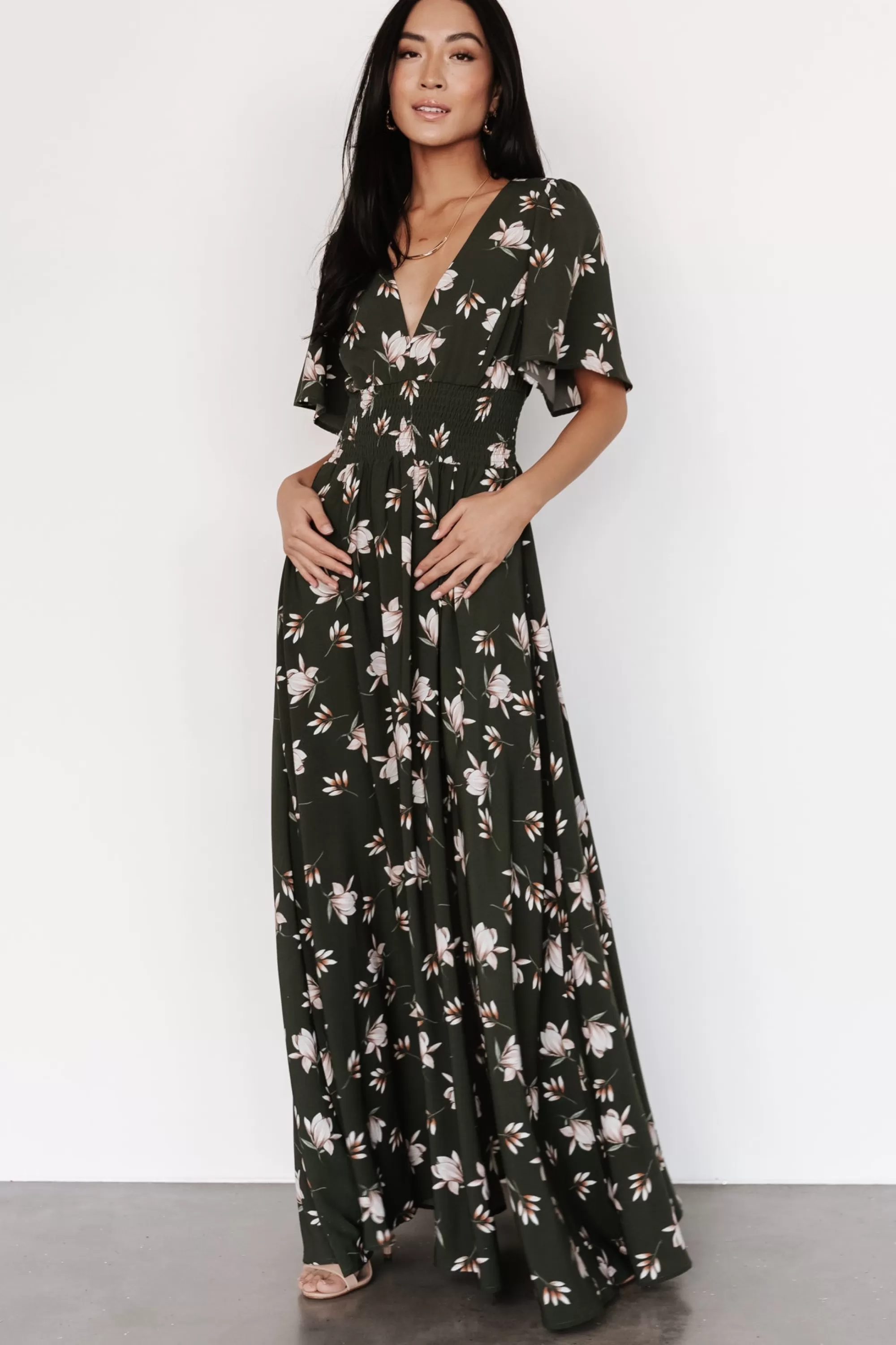 Baltic Born WINTER ESSENTIALS | Verona Smocked Maxi Dress | Green + White Floral