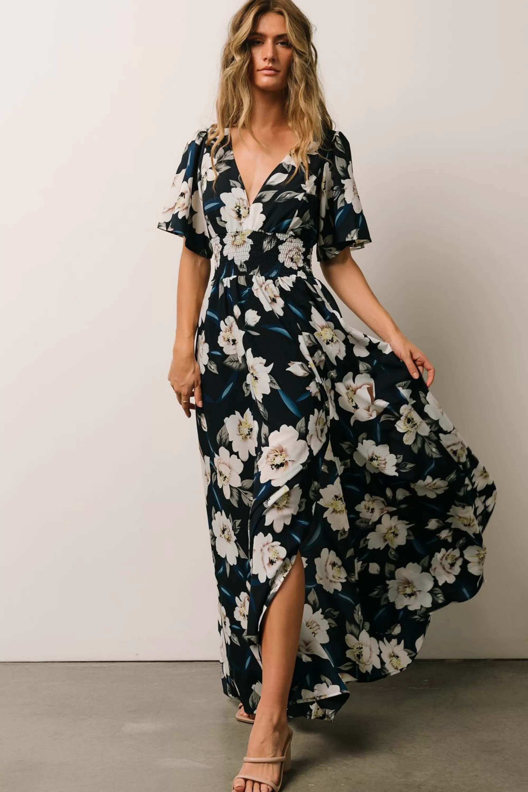 Baltic Born WINTER ESSENTIALS | Verona Smocked Maxi Dress | Navy + White Floral