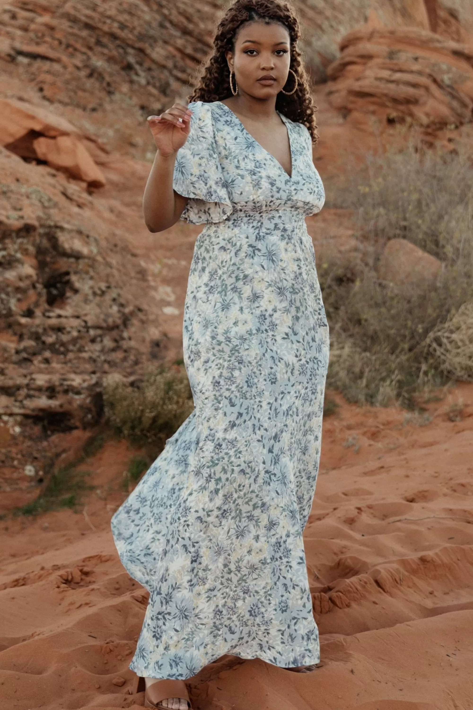 Baltic Born WINTER ESSENTIALS | Verona Smocked Maxi Dress | White + Blue Print