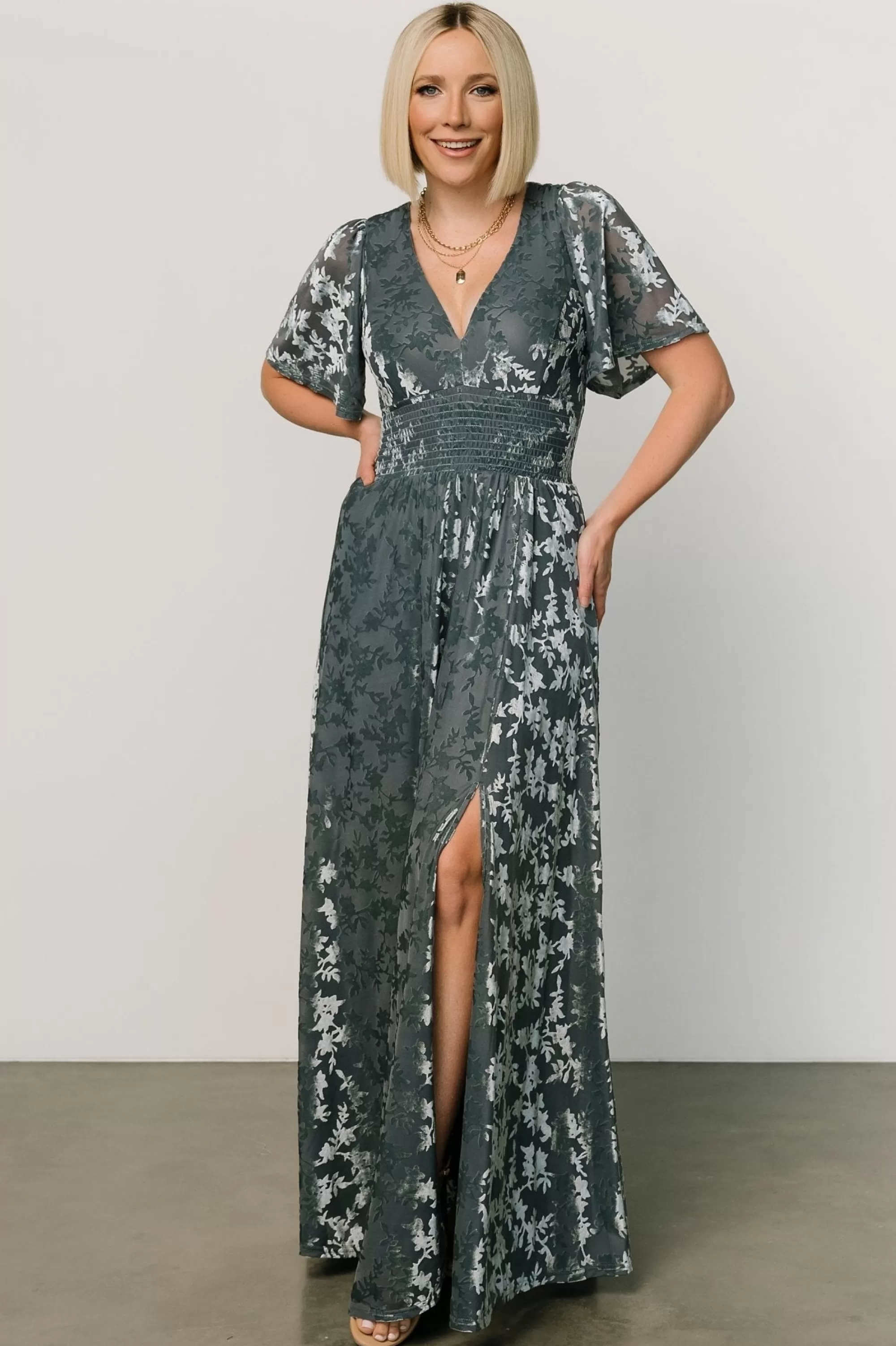 Baltic Born bump friendly | WINTER ESSENTIALS | Veronica Velvet Maxi Dress | Slate Blue