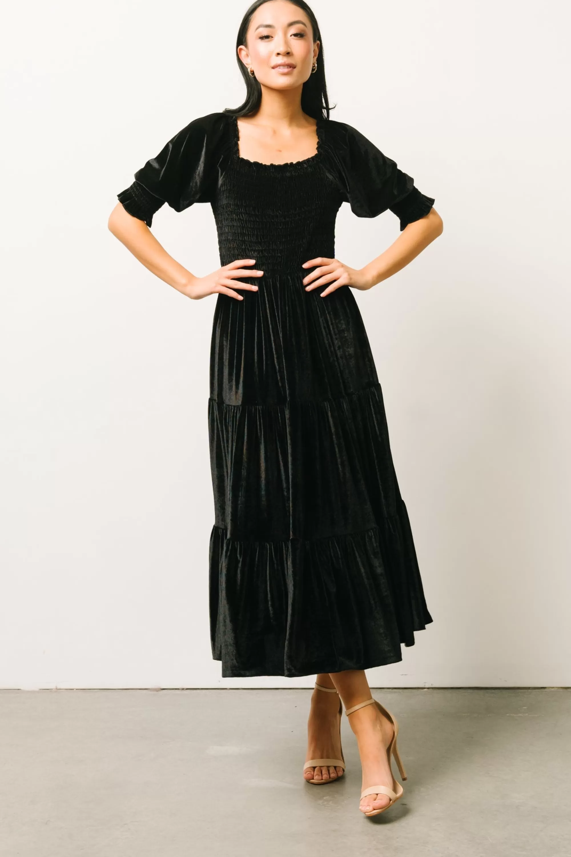 Baltic Born midi dresses | WEDDING SUITE | Vivaldi Smocked Velvet Midi Dress | Black