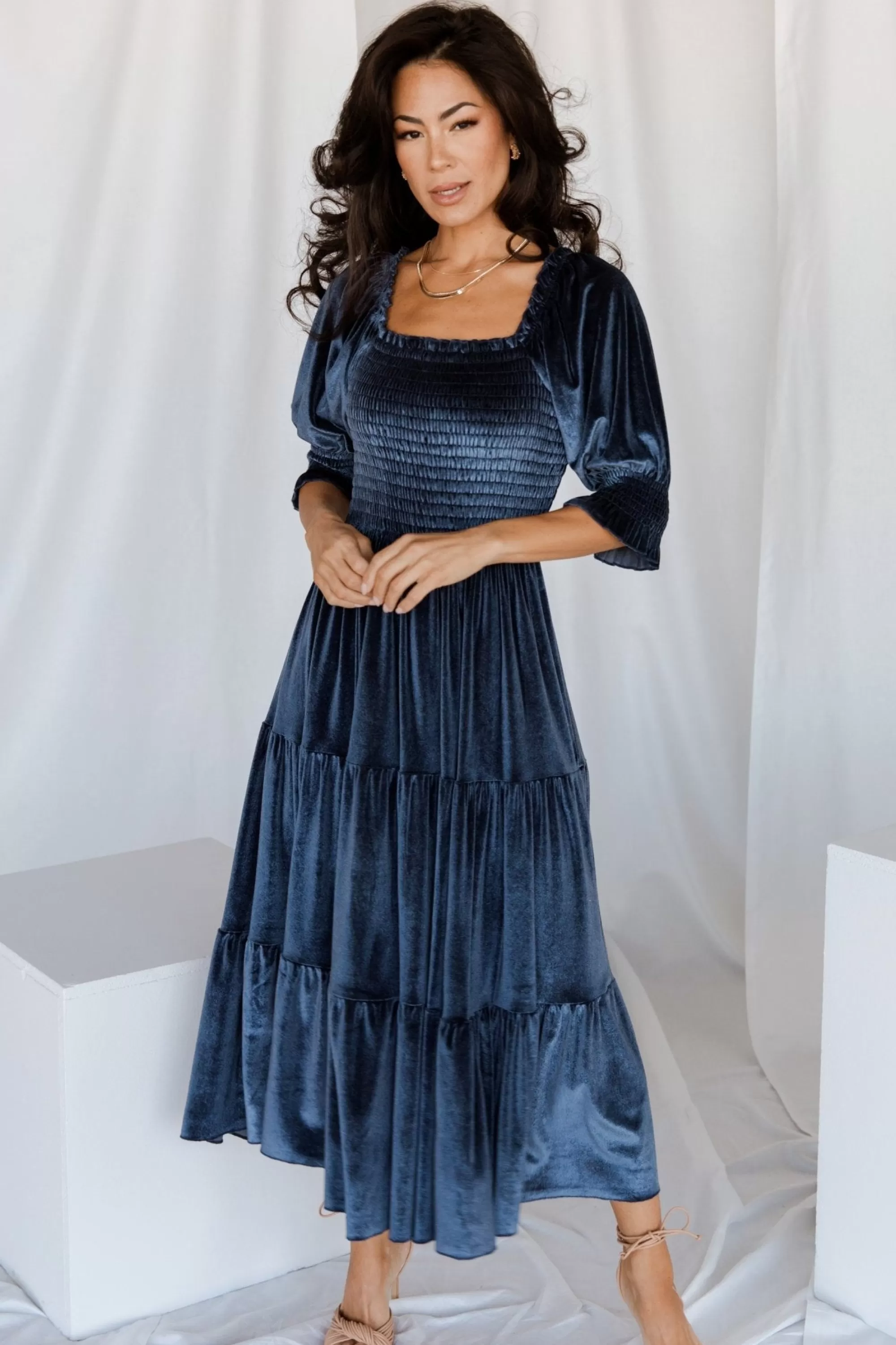 Baltic Born midi dresses | WEDDING SUITE | Vivaldi Smocked Velvet Midi Dress | Blue