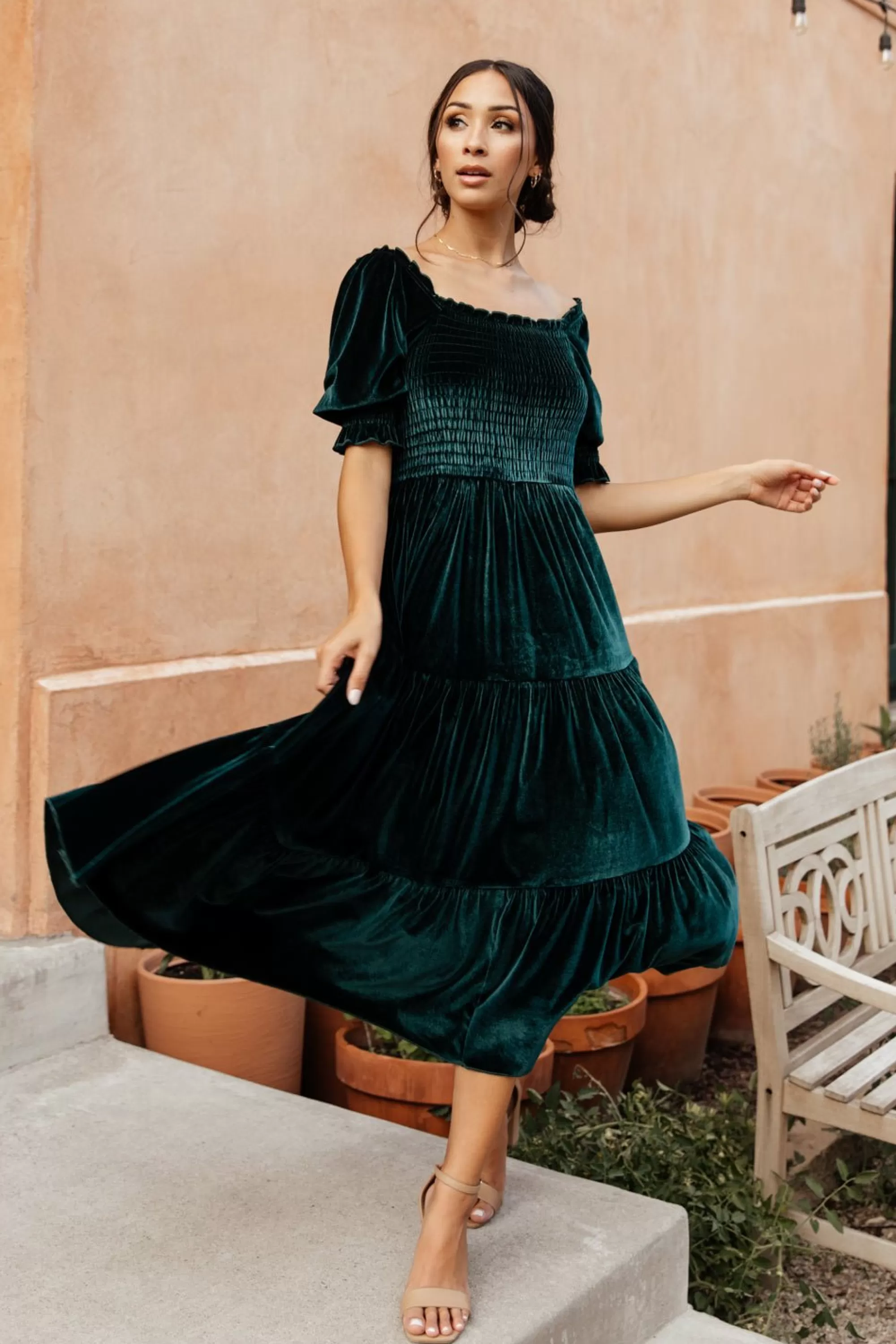 Baltic Born midi dresses | WEDDING SUITE | Vivaldi Smocked Velvet Midi Dress | Dark Green