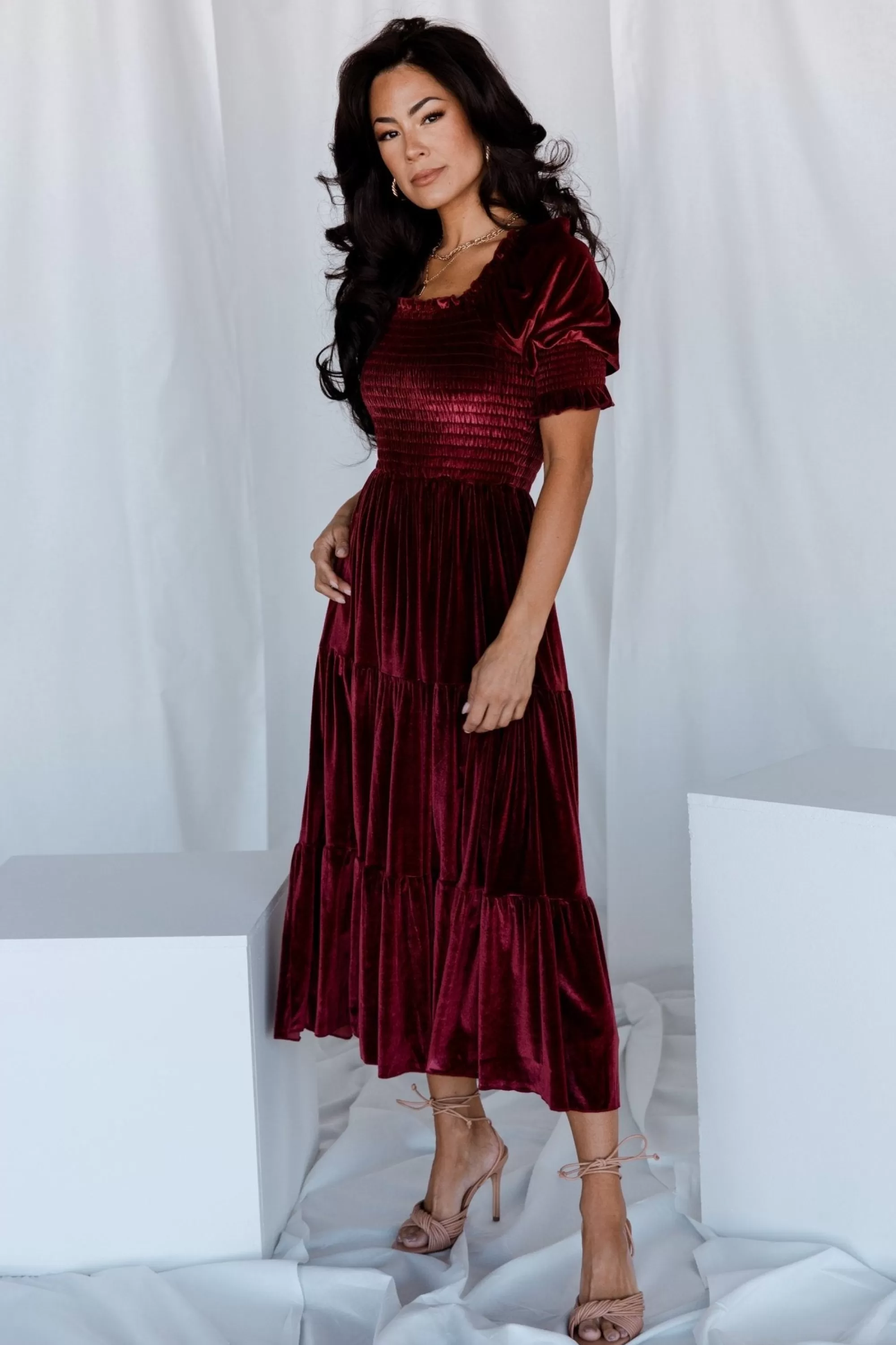 Baltic Born midi dresses | WEDDING SUITE | Vivaldi Smocked Velvet Midi Dress | Marsala