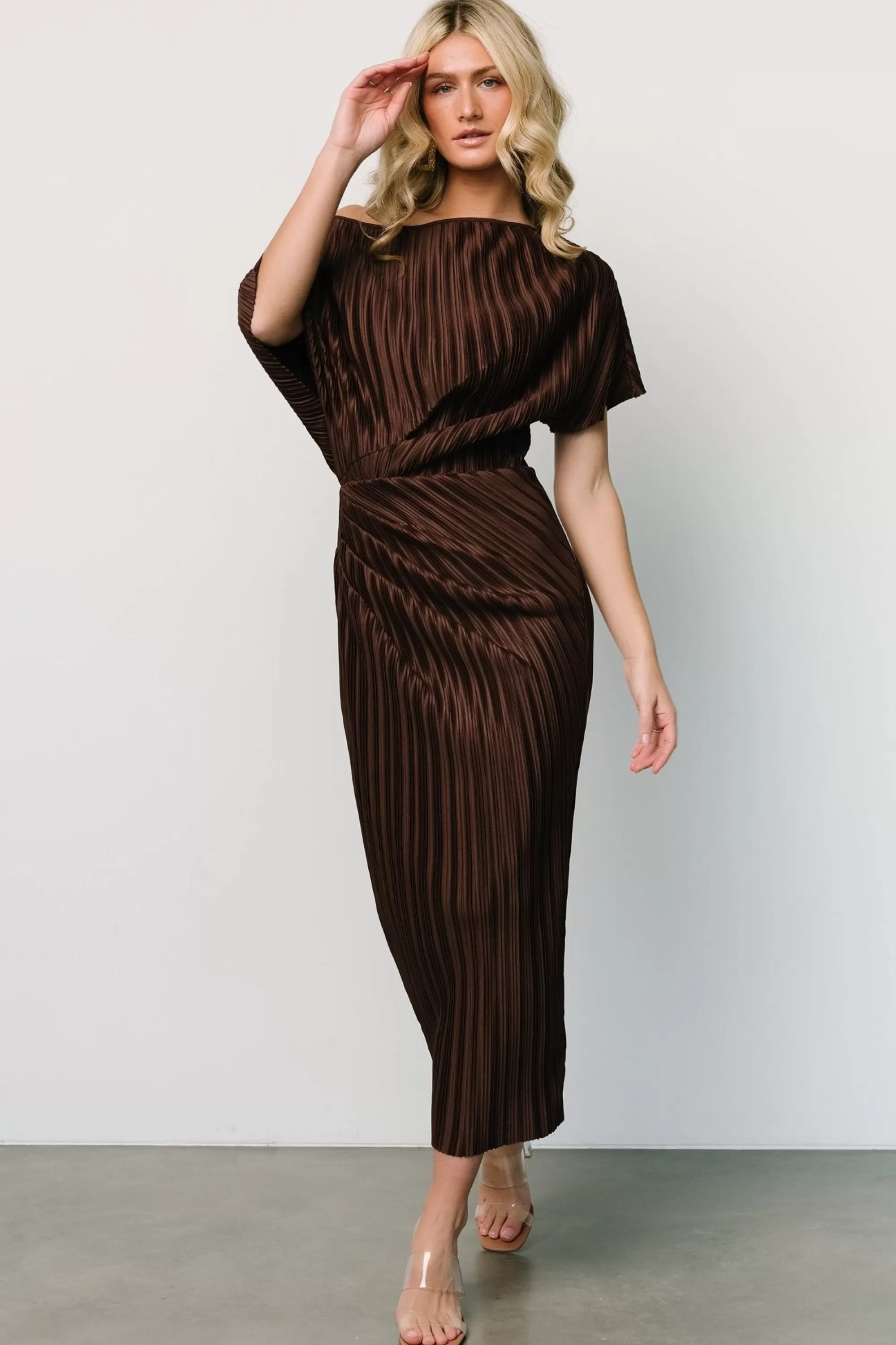 Baltic Born midi dresses | WINTER ESSENTIALS | Winslow Pleated Midi Dress | Dark Brown