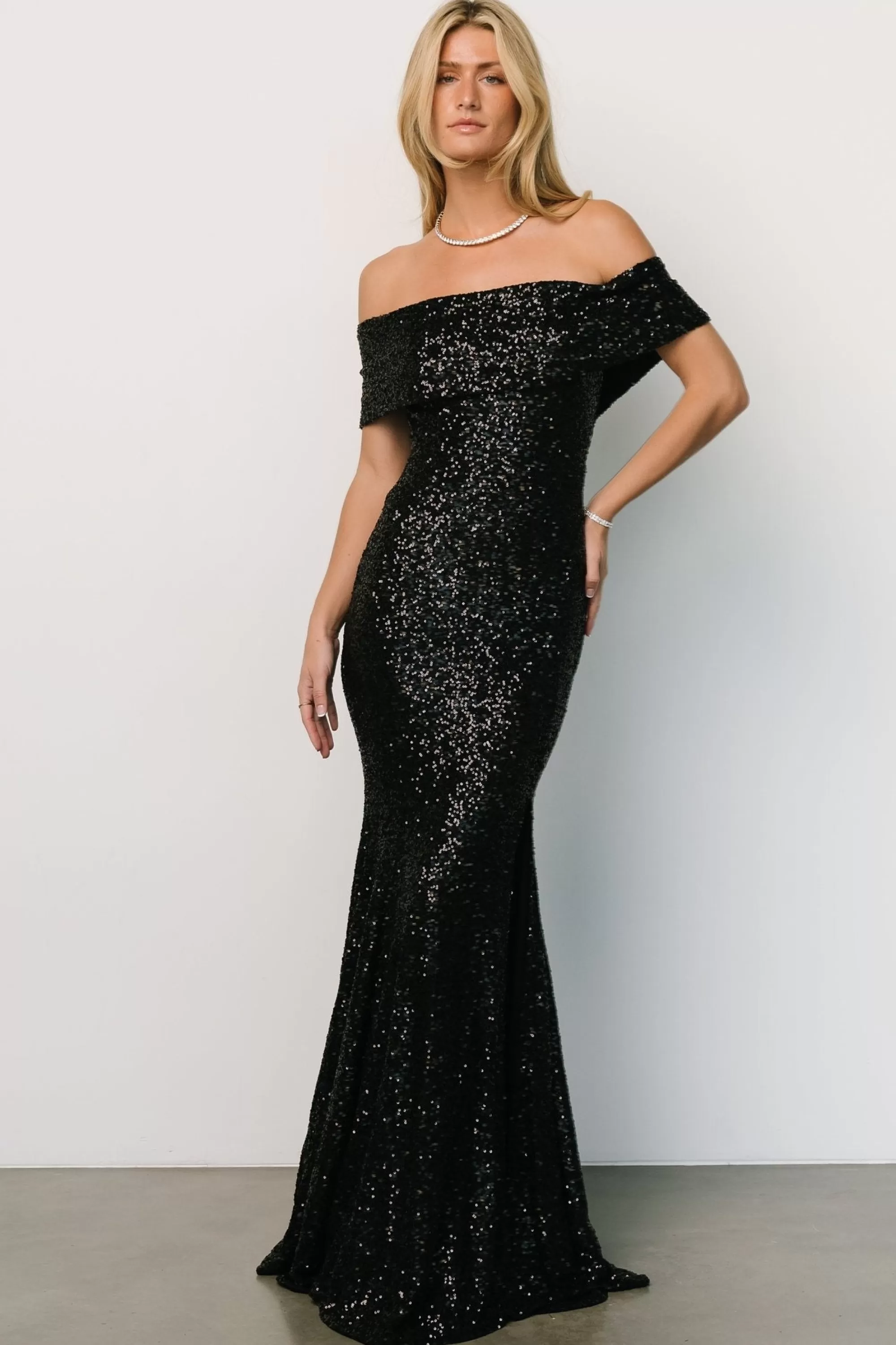 Baltic Born embellished + sequined | Yvonne Off Shoulder Sequin Gown | Black